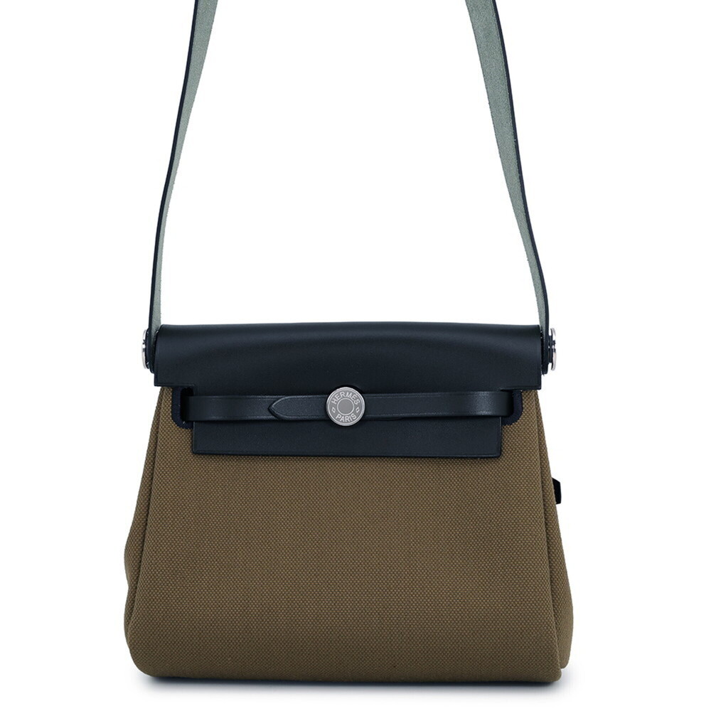 Hermes Shoulder Bag Herbag Zip Mini Vert Olive Khaki Vache Hunter Toile Milit...